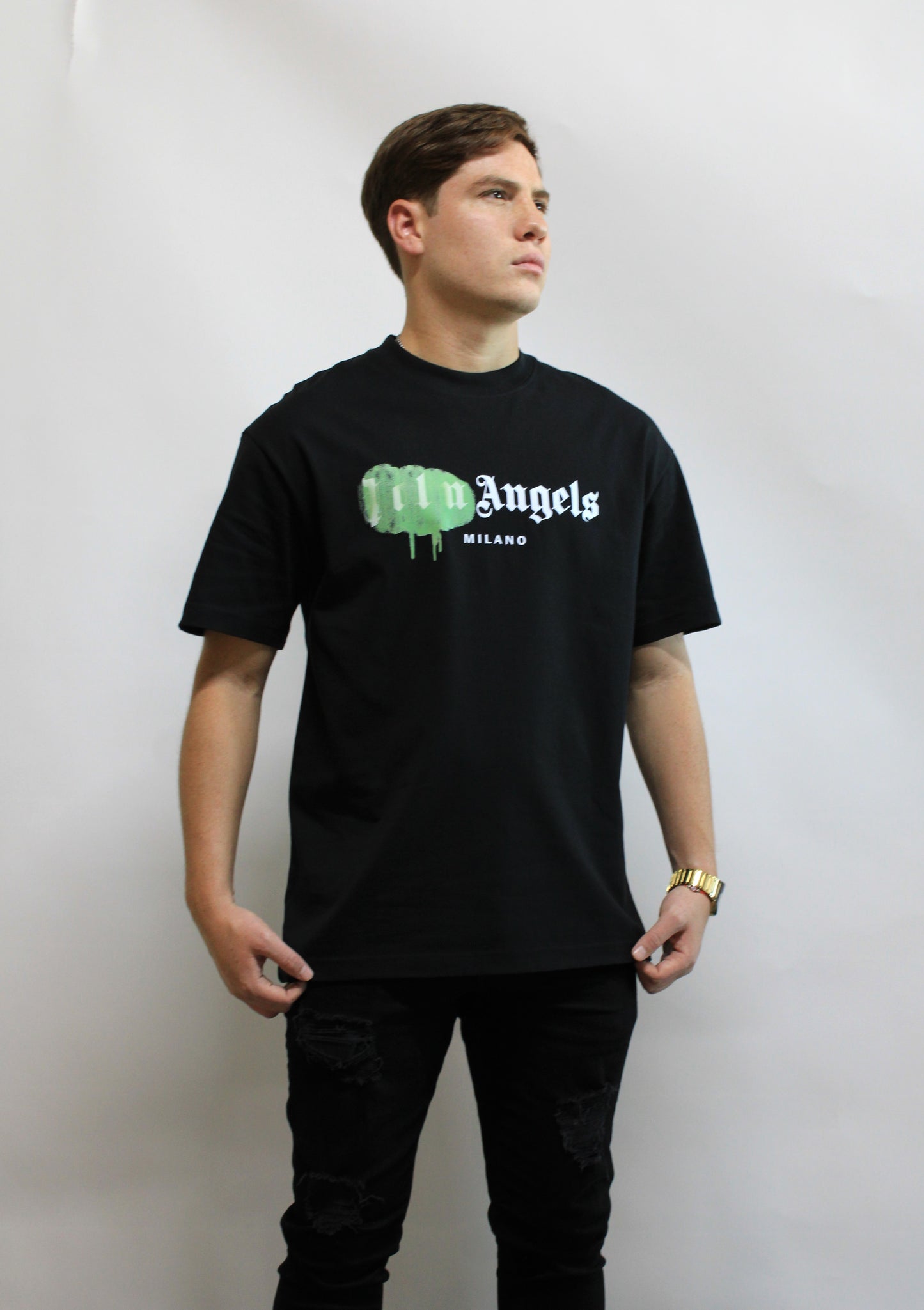 Playera Casual Palms Angels Negra con Verde