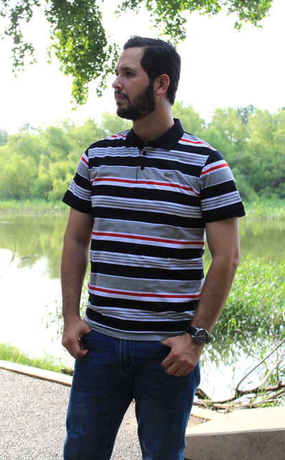 Playera Polo Lacoste Rayas Azul Marino Con Gris y Rojo