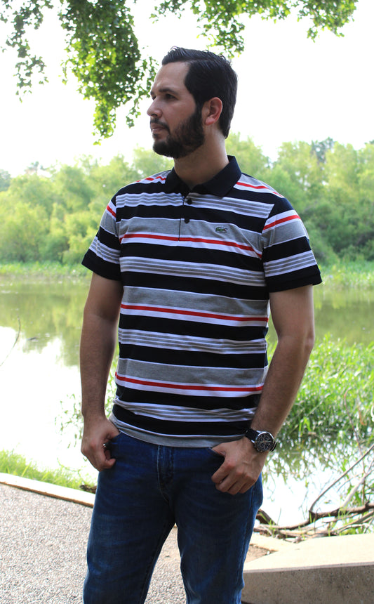 Playera Polo Lacoste Rayas Azul Marino Con Gris y Rojo