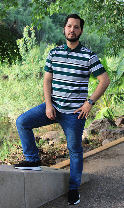 Playera Polo Lacoste Rayas Verdes Con Gris