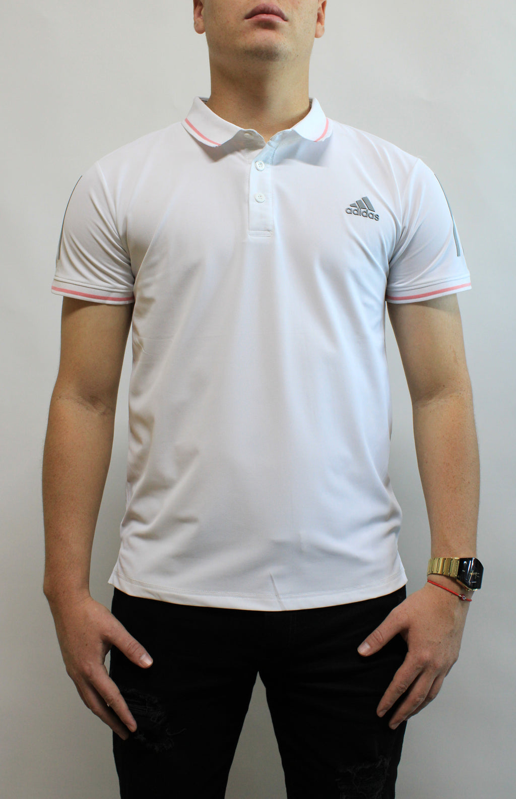 Playera Polo Deportiva Adidas Blanca Con detalles Rosas