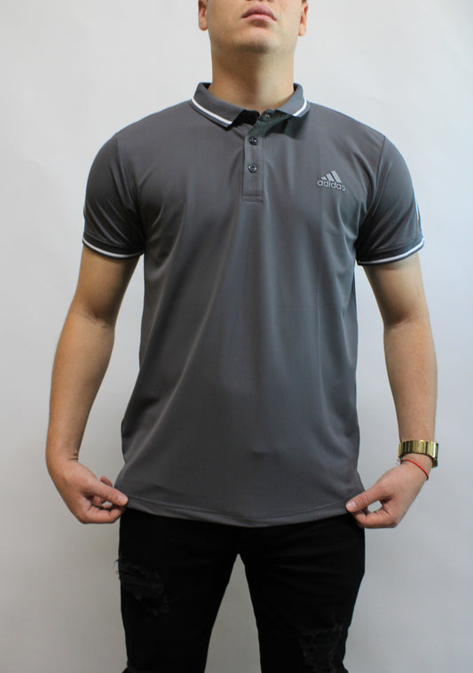 Playera Polo Deportiva Adidas Gris con Detalles Blancos