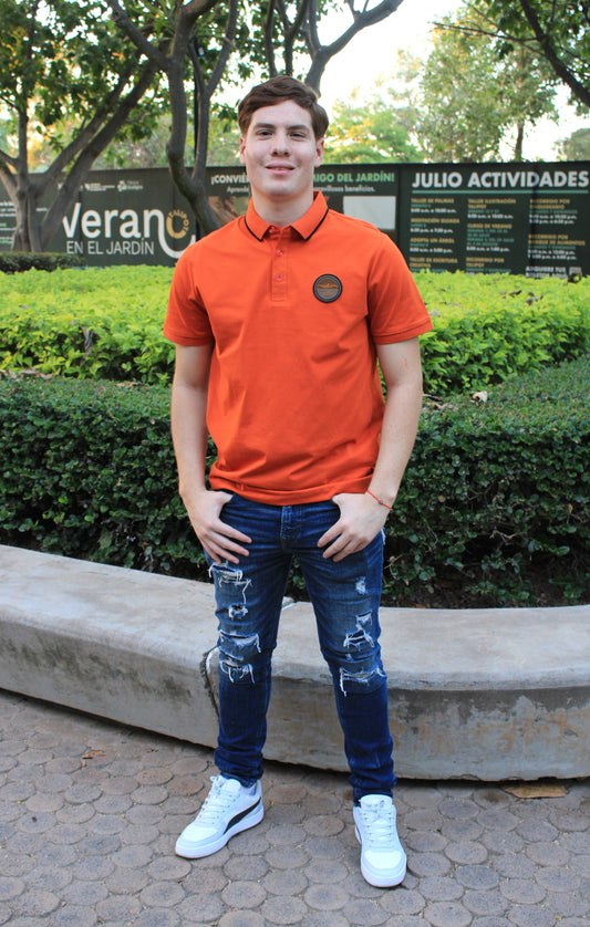 Playera Polo Boss Porsh Color Ladrillo Con Franja negra en Cuello
