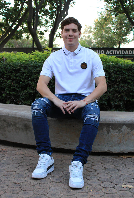 Playera Polo Hugo Porshe Blanca Con Diseño Cafe