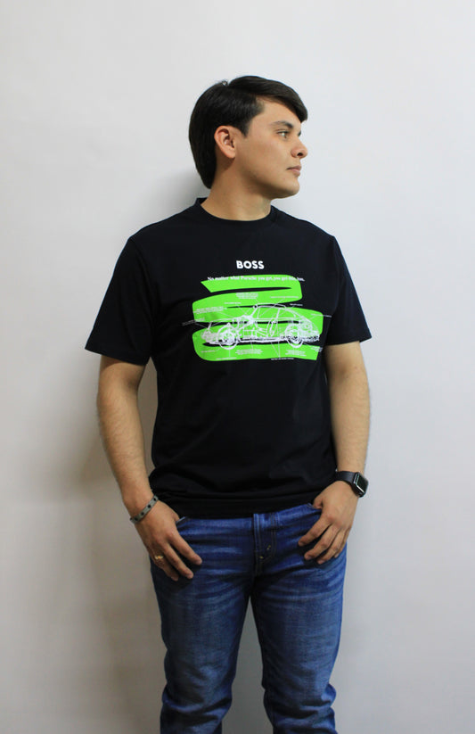 Playera Hugo Boss Negra Diseño Enfrente Blanco Con Verde
