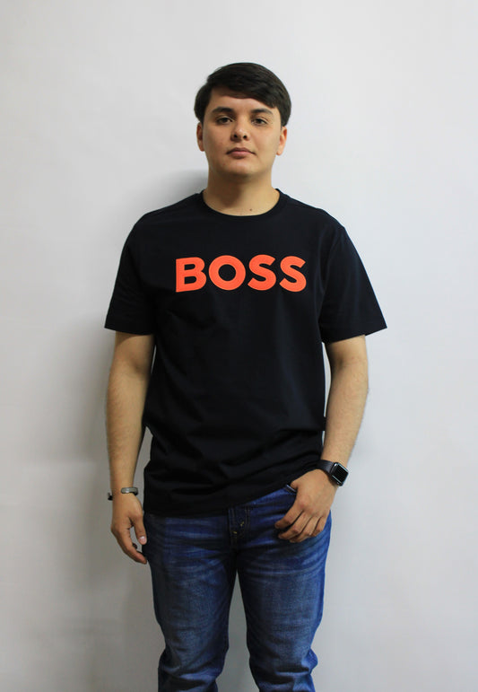 Playera Hugo Boss Azul Marino Con Letras Naranjas